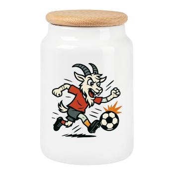 billy goat playing football - Cookie Jar with Wooden Lid - white - Front