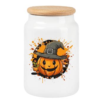 Halloween Pumpkin with Hat - Cookie Jar with Wooden Lid - white - Front