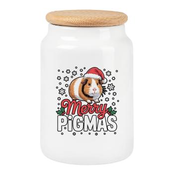Merry Pigmas Christmas Piggy Cartoon - Cookie Jar with Wooden Lid - white - Front