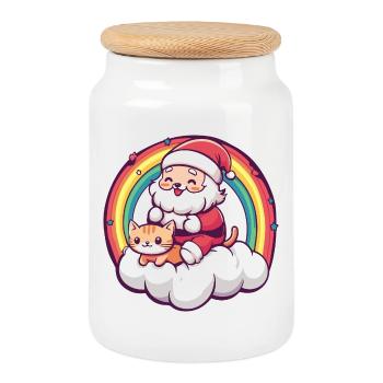 Cat Santa Claus Christmas - Cookie Jar with Wooden Lid - white - Front