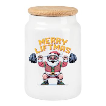 Merry Liftmas Pixel-Santa - Cookie Jar with Wooden Lid - white - Front