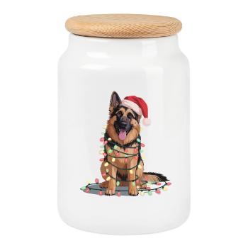 Chien de traîneau à la lueur des lumières - Boîte à biscuits avec couvercle en bois - blanc - Devant