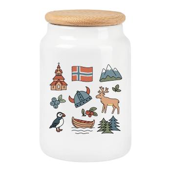 Norwegian Nature & Nordic Symbols - Cookie Jar with Wooden Lid - white - Front