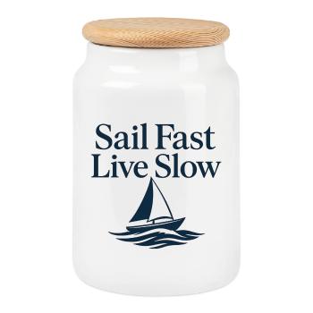 Nautic Design Sail Fast Live Slow Sailboat - Cookie Jar with Wooden Lid - white - Front