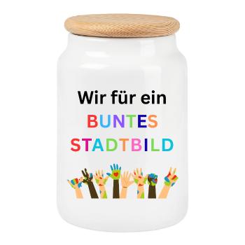 Nous voulons un paysage urbain coloré, de la diversité, de la diversité - Boîte à biscuits avec couvercle en bois - blanc - Devant