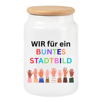 Wir für ein buntes Stadtbild. Bunte Nation - Keksdose mit Holzdeckel - Weiß - Vorne