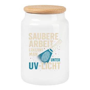 Saubere Arbeit Unter UV Licht - Keksdose mit Holzdeckel - Weiß - Vorne