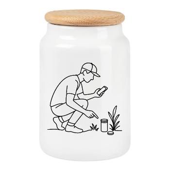 Geocacher Sketch – Minimalist Outdoor Motif - Cookie Jar with Wooden Lid - white - Front