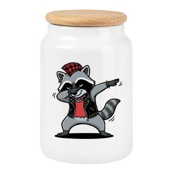 Punkrock Waschbär – DAB Move im Comic Style - Keksdose mit Holzdeckel - Weiß - Vorne