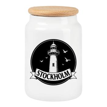 Stockholm Lighthouse Scandinavian Sea - Cookie Jar with Wooden Lid - white - Front