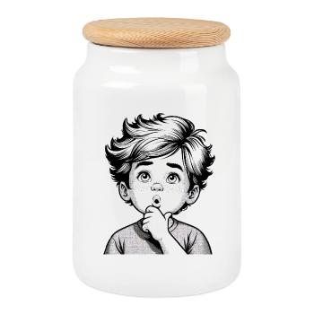 Garçon surpris et réfléchi | Garçon réfléchi - Boîte à biscuits avec couvercle en bois - blanc - Devant