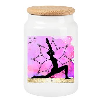 Yoga Silhouette on Mandala - Cookie Jar with Wooden Lid - white - Front