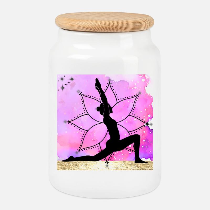 Yoga-Silhouette auf Mandala - Keksdose mit Holzdeckel - Weiß
