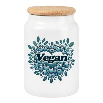 Logo végétalien en forme de cœur de myrtille - Boîte à biscuits avec couvercle en bois - blanc - Devant