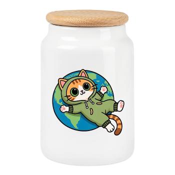 Cat on planet earth in kawaii hoodie - Cookie Jar with Wooden Lid - white - Front