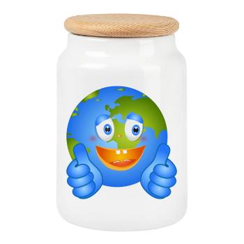 Happy Earth with Thumbs Up – Comic Style - Cookie Jar with Wooden Lid - white - Front