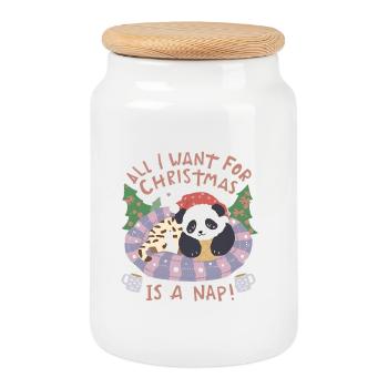 Panda Christmas Nap in Cart - Cookie Jar with Wooden Lid - white - Front