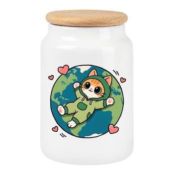 Chat écolo vert sur la planète Terre - Boîte à biscuits avec couvercle en bois - blanc - Devant
