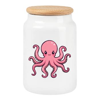 pieuvre rose charmant dessin animé - Boîte à biscuits avec couvercle en bois - blanc - Devant