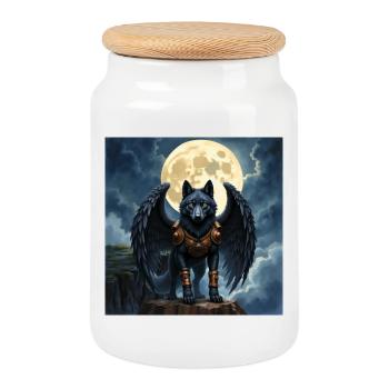Winged wolf under full moon - Cookie Jar with Wooden Lid - white - Front