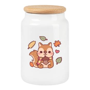 Écureuil mignon avec écharpe tenant glands mers d’automne - Boîte à biscuits avec couvercle en bois - blanc - Devant