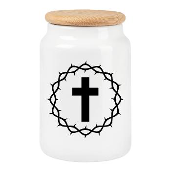 Cross and crown of thorns - Cookie Jar with Wooden Lid - white - Front