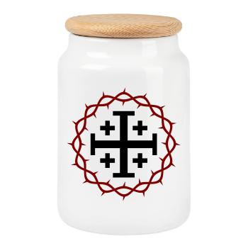Jerusalemer Kreuz und Dornenkrone - Keksdose mit Holzdeckel - Weiß - Vorne