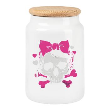 Crâne rose avec tresses et nœuds - Boîte à biscuits avec couvercle en bois - blanc - Devant