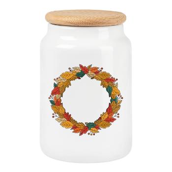Autumn Leaf Wreath Circle - Cookie Jar with Wooden Lid - white - Front