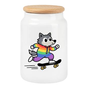 Rainbow Wolf Skate - Cookie Jar with Wooden Lid - white - Front