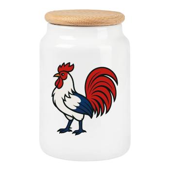 Coq français - Couleur du drapeau Bleu Blanc Rouge - Boîte à biscuits avec couvercle en bois - blanc - Devant