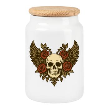 Skull Rose Wings Heart - Cookie Jar with Wooden Lid - white - Front