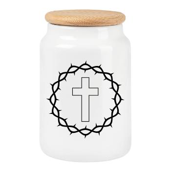 Cross and crown of thorns - Cookie Jar with Wooden Lid - white - Front
