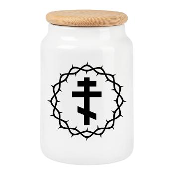 Orthodox Cross and crown of thorns - Cookie Jar with Wooden Lid - white - Front