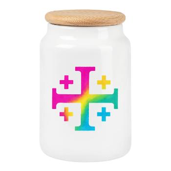 Kairos Cross (Jerusalem Cross) – Flower Meadow - Cookie Jar with Wooden Lid - white - Front