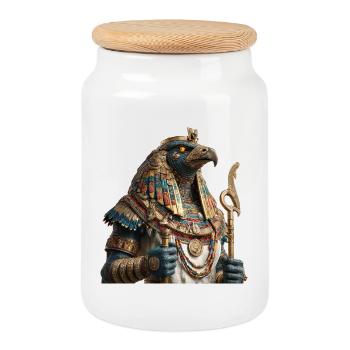 Mythology Falcon God with Gold Ornaments - Cookie Jar with Wooden Lid - white - Front