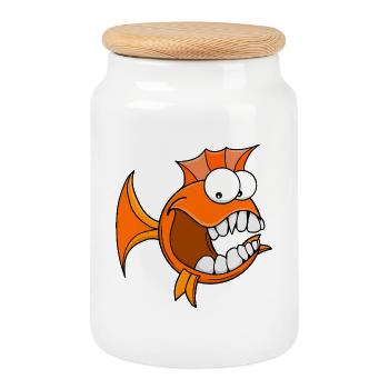 Wütender orangefarbener Fisch mit Zahn - Keksdose mit Holzdeckel - Weiß - Vorne