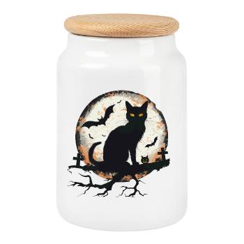 Chat Halloween - Boîte à biscuits avec couvercle en bois - blanc - Devant