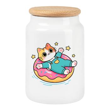 Katze auf pastellfarbenem schwebendem Donut - Keksdose mit Holzdeckel - Weiß - Vorne