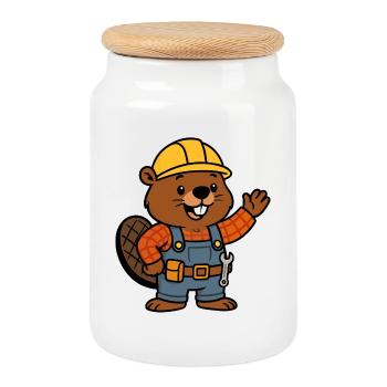 Beaver Construction Worker Bob Helm Hello Plan Builder - Cookie Jar with Wooden Lid - white - Front