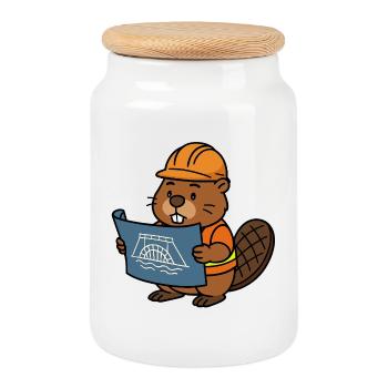 Beaver Construction Worker Bob Master Builder Plan Construction Dam - Cookie Jar with Wooden Lid - white - Front