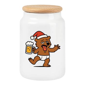 Noël Ours Cheers Bière Père Noël Chapeau Berlin - Boîte à biscuits avec couvercle en bois - blanc - Devant