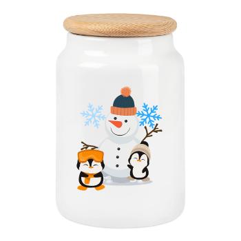 Winter Joy Snowman Penguins - Cookie Jar with Wooden Lid - white - Front
