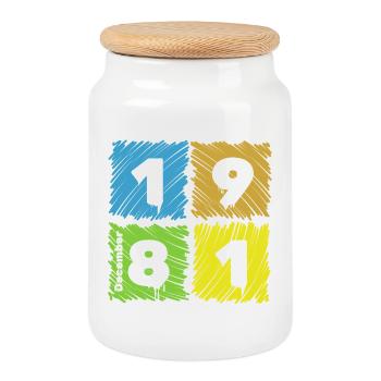 44. Geburtstag Farbige Patches since 12/1981 - Keksdose mit Holzdeckel - Weiß - Vorne