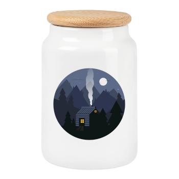 Nightfall Cabin in Pines - Cookie Jar with Wooden Lid - white - Front