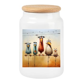 flock of birds on a wire - Cookie Jar with Wooden Lid - white - Front
