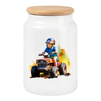 Boy on toy tractor with paint splash - Cookie Jar with Wooden Lid - white - Front
