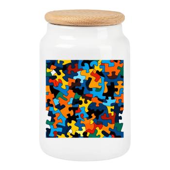 Motif de pièce de puzzle coloré - Boîte à biscuits avec couvercle en bois - blanc - Devant