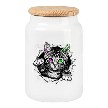 Cute Cat Peeps Out of Crack - Gothic Kitten - Cookie Jar with Wooden Lid - white - Front