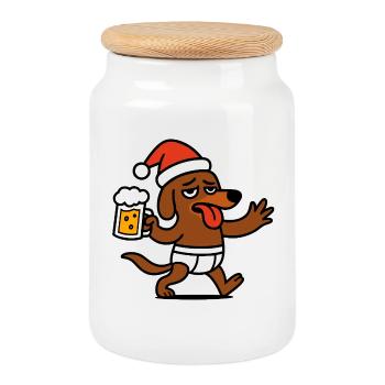 Chien de Noël Teckel Chapeau de Père Noël Bière de Noël - Boîte à biscuits avec couvercle en bois - blanc - Devant